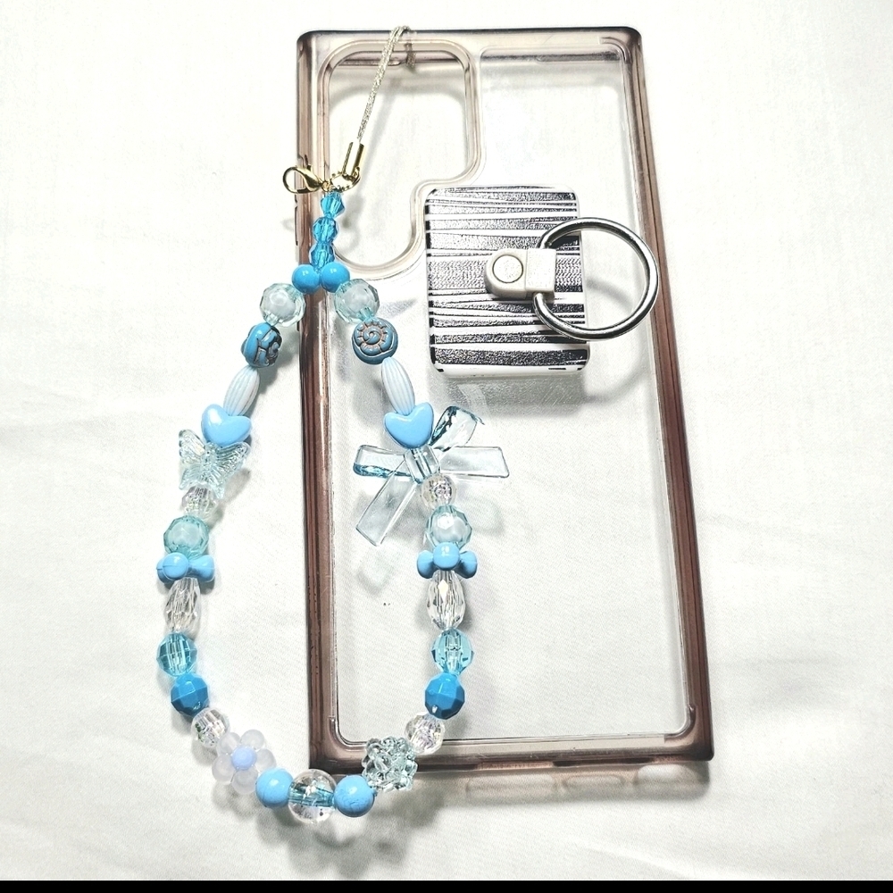Cute Pastel Blue White Iridescent Beaded Girly Dainty  Phone Charm Wrist Strap